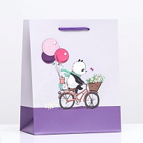 Пакет подарочный 18*22,3*10см Мишка на велосипеде на сером