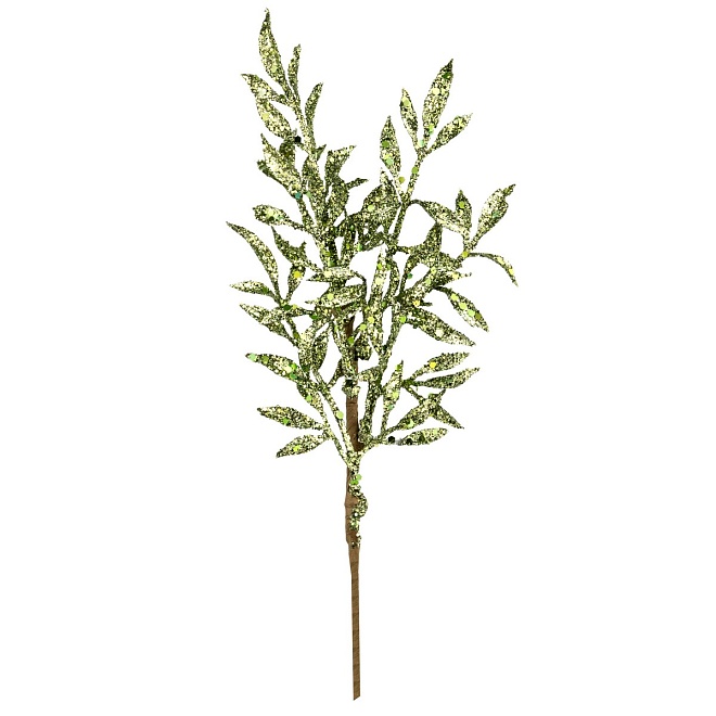 Ветка искусственная с листьями глиттер h26см зеленый