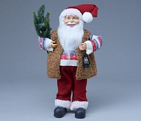 Санта Клаус с елкой и фонариком 45см красный серый