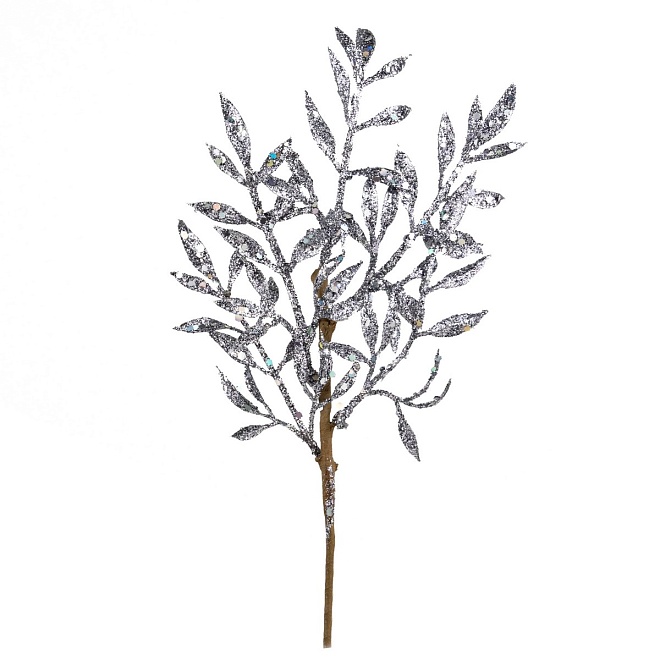 Ветка искусственная с листьями глиттер h26см серебряный