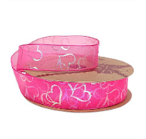 Лента органза 25мм*10ярд Перламутровые сердца ярко-розовый