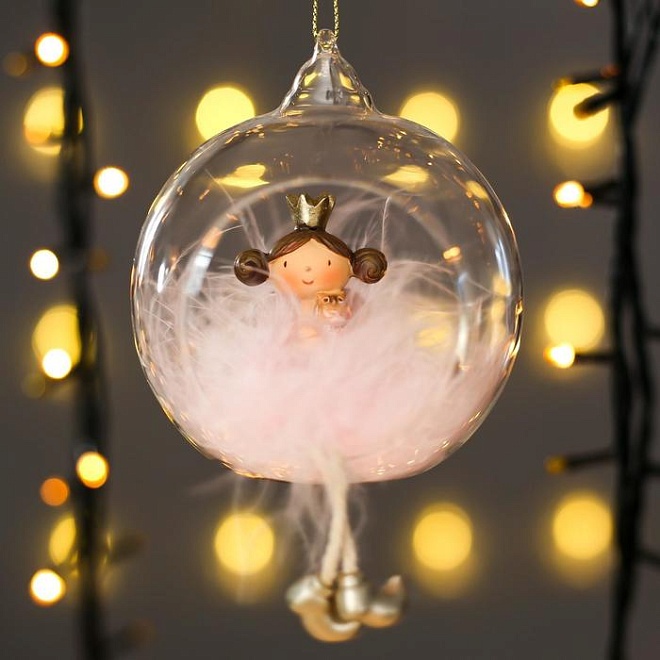 Елочная игрушка Шар Ангелочек-принцесса 9*8*10см розовый