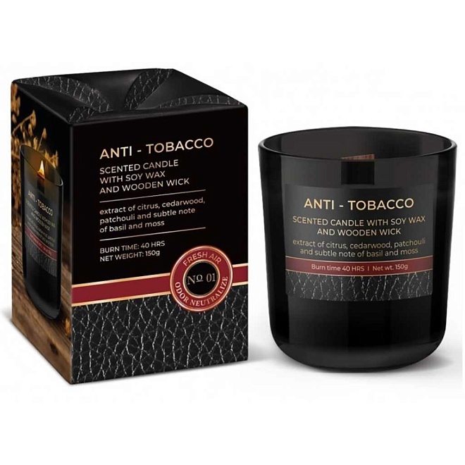 Свеча в стакане Bartek, 150г, аромат Антитабак, дерев. фитиль