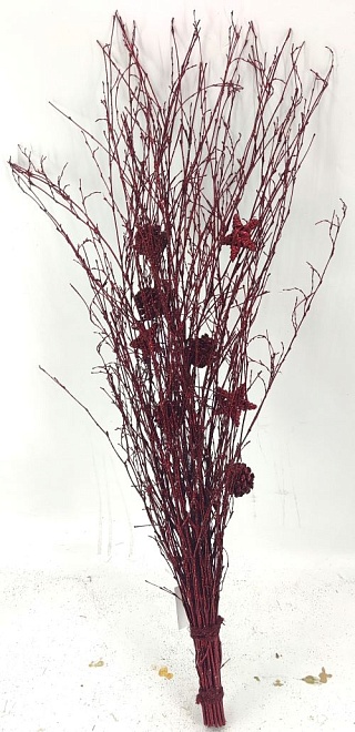 Ветка декоративная в связке с шишками h90см красный