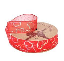 Лента органза 25мм*10ярд Перламутровые сердца красный