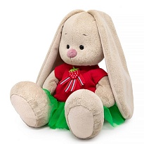 Мягкая игрушка Зайка Ми в комбинированном платье с земляничкой (большой) h23см