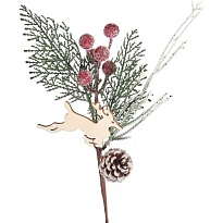 Ветка декоративная с оленем и шишкой h39см заснеженный