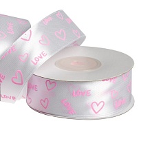 Лента атласная с рисунком 25мм*25ярд Love белый-розовый