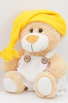 Мягкая игрушка Медвежонок Сильвестр золотой в белом комбинезоне и желтом колпаке с кисточкой 20/25см