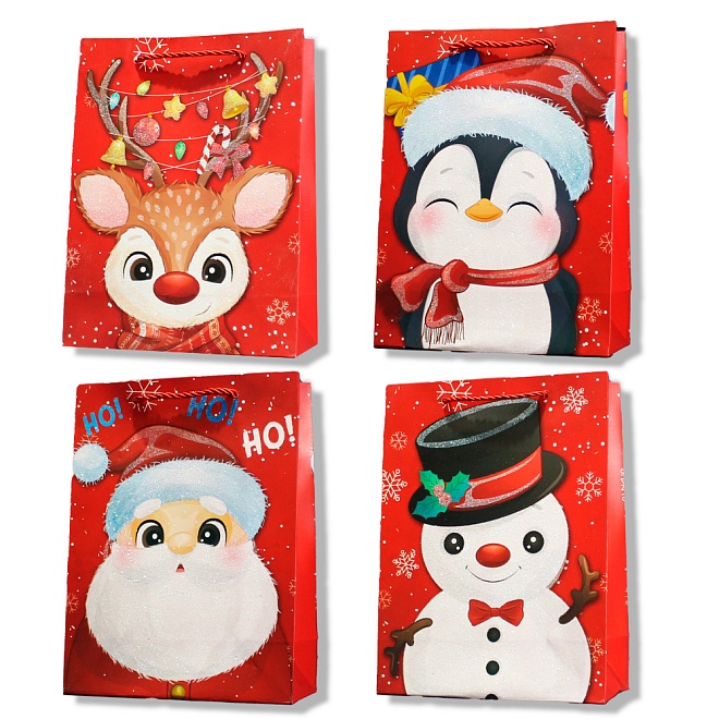 Пакет подарочный НГ 18*24*8,5см снеговик пингвин олень дед мороз 