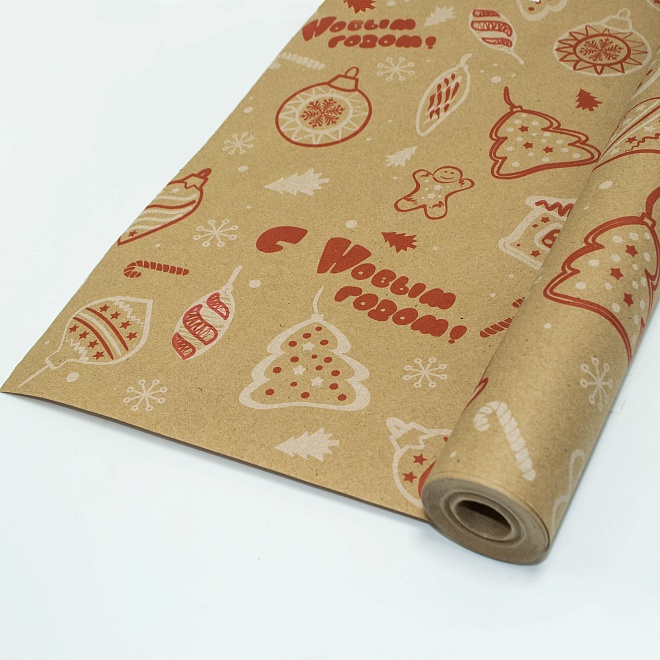 Бумага крафт 70см*400г Елочная игрушка белый и красный